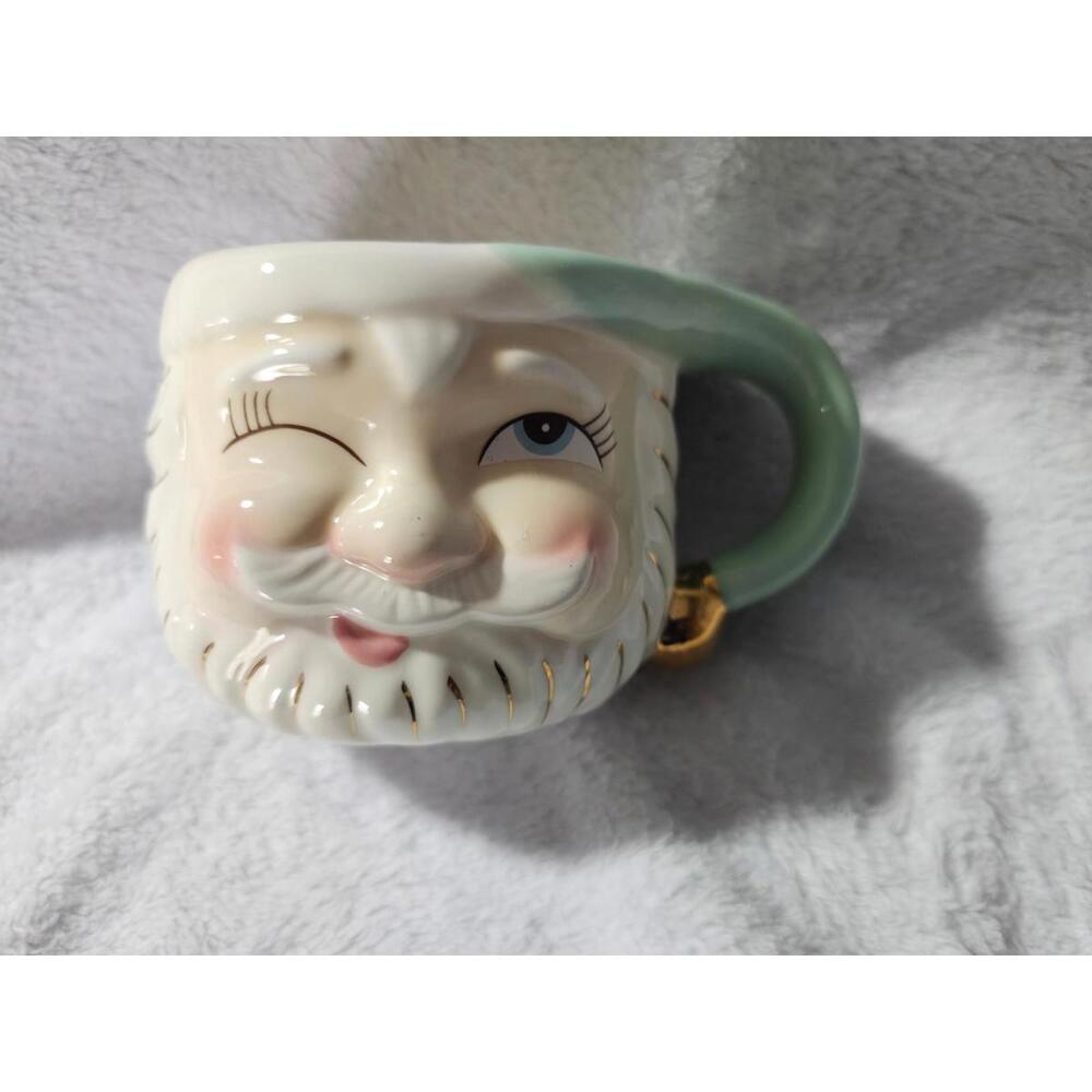 New Papa Noel Santa Claus Coffee Mug Cup Tea Winking Mint Green Porcelain 3.5"